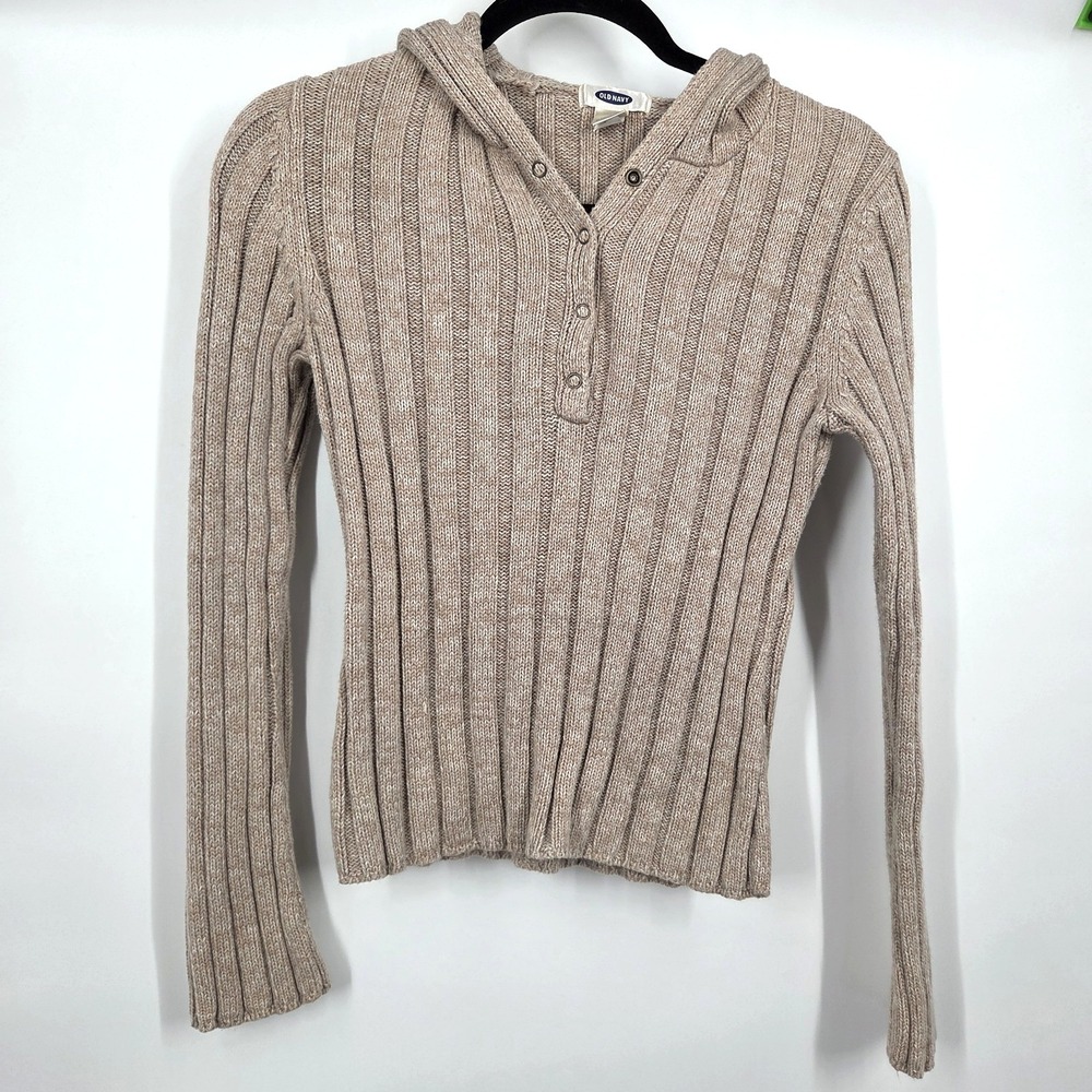Y2K Old Navy Knit Ribbed Sweater Hoodie Button Indie Preppy Women S Tan Beige